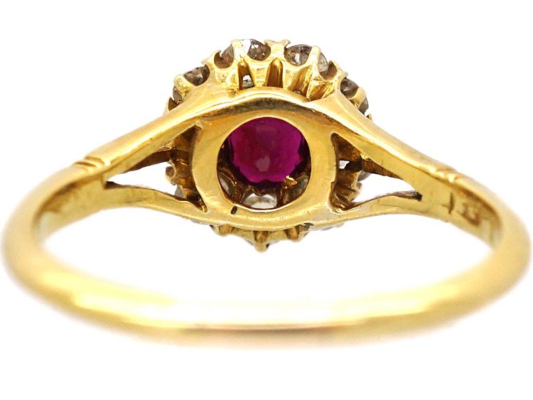 Victorian 18ct Gold Ruby & Diamond Cluster Ring with Split Shoulders