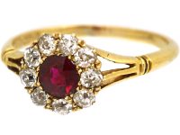 Victorian 18ct Gold Ruby & Diamond Cluster Ring with Split Shoulders