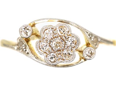Edwardian 18ct Gold & Platinum Diamond Cluster Ring with Diamond Set Shoulders