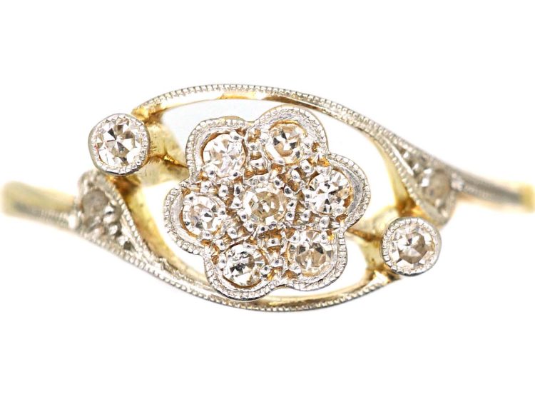 Edwardian 18ct Gold & Platinum Diamond Cluster Ring with Diamond Set Shoulders