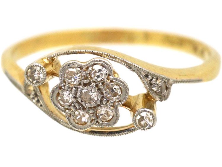 Edwardian 18ct Gold & Platinum Diamond Cluster Ring with Diamond Set Shoulders