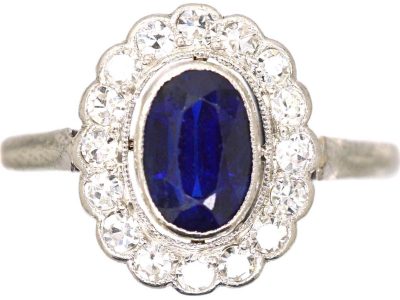 Edwardian 18ct White Gold & Platinum Sapphire & Diamond Oval Cluster Ring