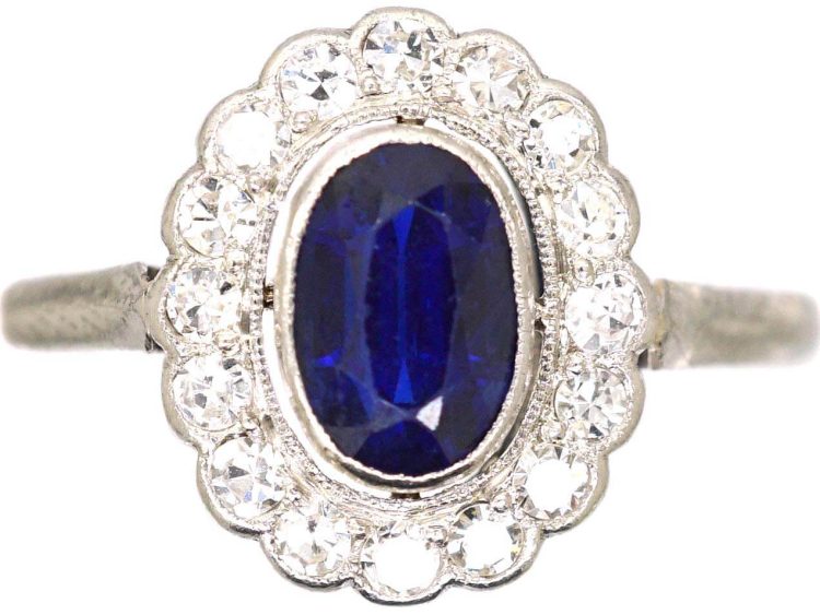 Edwardian 18ct White Gold & Platinum Sapphire & Diamond Oval Cluster Ring
