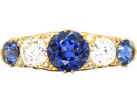 Edwardian 18ct Gold Five Stone Sapphire & Diamond Carved Half Hoop Ring