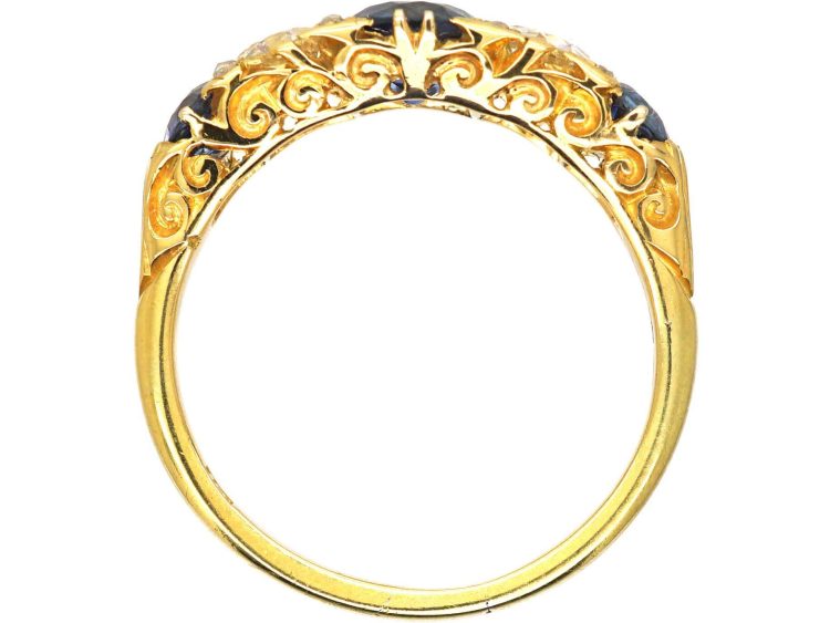 Edwardian 18ct Gold Five Stone Sapphire & Diamond Carved Half Hoop Ring