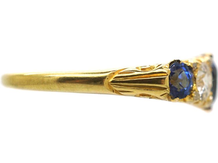 Edwardian 18ct Gold Five Stone Sapphire & Diamond Carved Half Hoop Ring