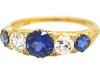 Edwardian 18ct Gold Five Stone Sapphire & Diamond Carved Half Hoop Ring