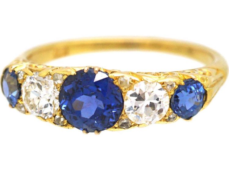 Edwardian 18ct Gold Five Stone Sapphire & Diamond Carved Half Hoop Ring
