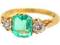 Victorian 18ct Gold Emerald & Diamond Three Stone Ring