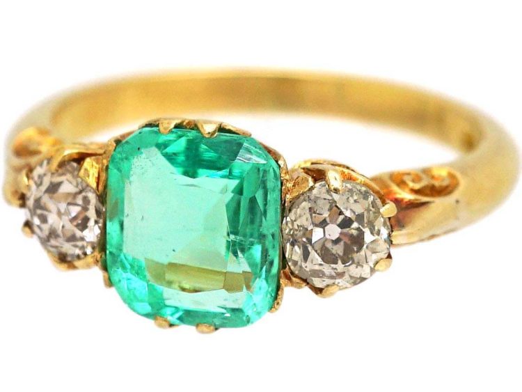 Victorian 18ct Gold Emerald & Diamond Three Stone Ring