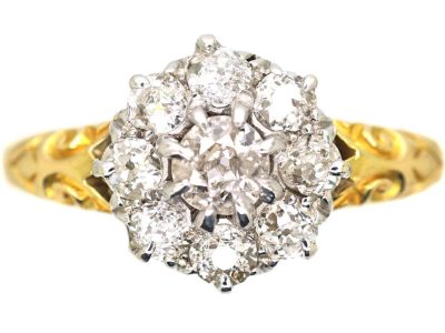Edwardian 18ct Gold Diamond Cluster Ring with Ornate Shoulders