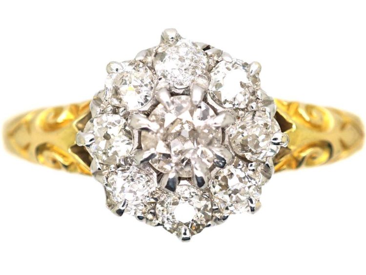Edwardian 18ct Gold Diamond Cluster Ring with Ornate Shoulders