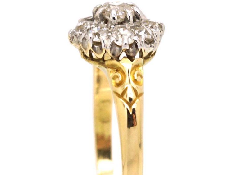 Edwardian 18ct Gold Diamond Cluster Ring with Ornate Shoulders