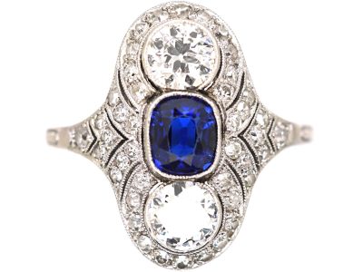 Art Deco Platinum Sapphire & Diamond Ornate Oval Ring