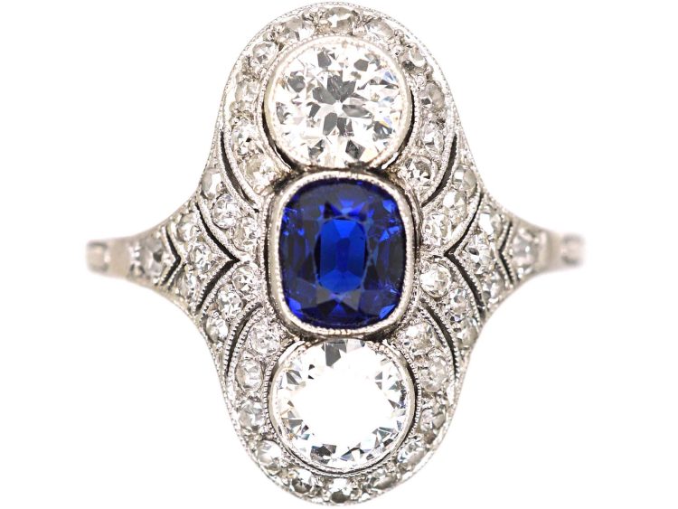 Art Deco Platinum Sapphire & Diamond Ornate Oval Ring
