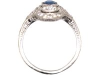 Art Deco Platinum Sapphire & Diamond Ornate Oval Ring