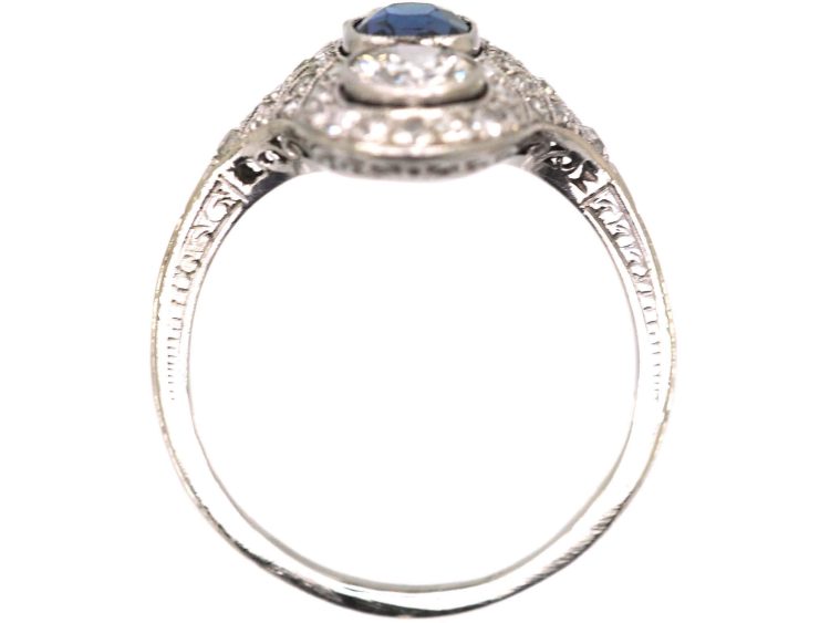 Art Deco Platinum Sapphire & Diamond Ornate Oval Ring