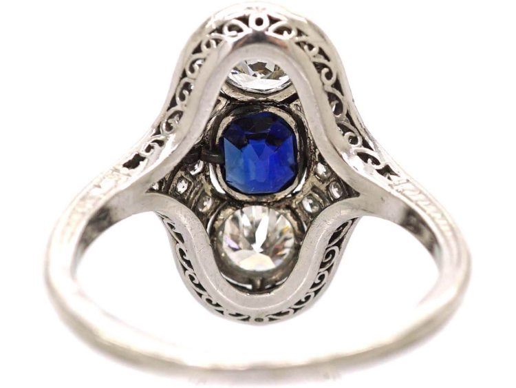 Art Deco Platinum Sapphire & Diamond Ornate Oval Ring