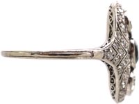 Art Deco Platinum Sapphire & Diamond Ornate Oval Ring