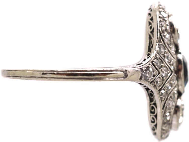 Art Deco Platinum Sapphire & Diamond Ornate Oval Ring