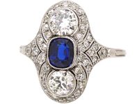 Art Deco Platinum Sapphire & Diamond Ornate Oval Ring