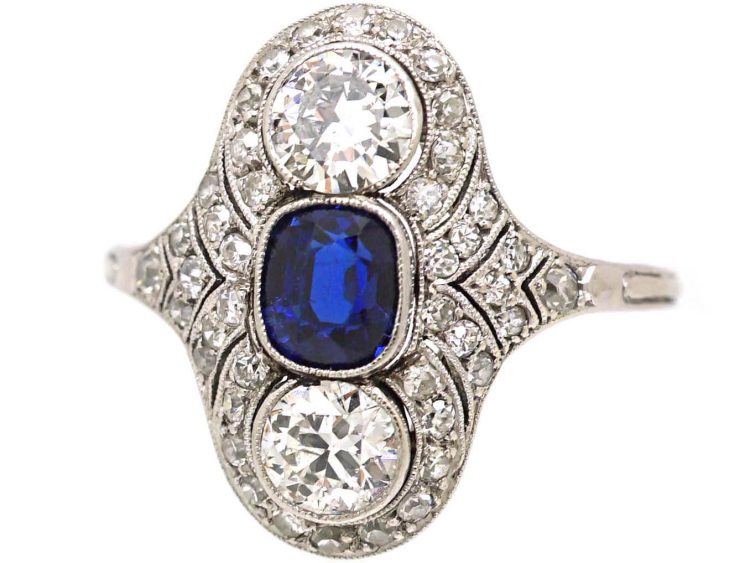 Art Deco Platinum Sapphire & Diamond Ornate Oval Ring