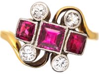 Art Deco 18ct Gold & Platinum Ornate Twist Ring set with Rubies & Diamonds