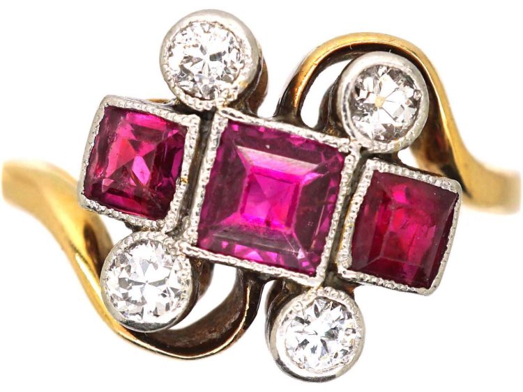Art Deco 18ct Gold & Platinum Ornate Twist Ring set with Rubies & Diamonds