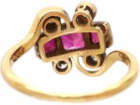 Art Deco 18ct Gold & Platinum Ornate Twist Ring set with Rubies & Diamonds