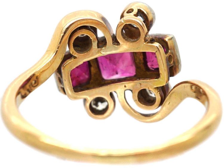 Art Deco 18ct Gold & Platinum Ornate Twist Ring set with Rubies & Diamonds