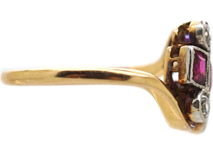 Art Deco 18ct Gold & Platinum Ornate Twist Ring set with Rubies & Diamonds