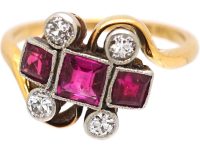 Art Deco 18ct Gold & Platinum Ornate Twist Ring set with Rubies & Diamonds