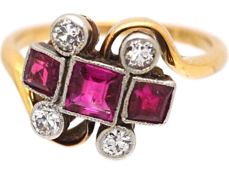 Art Deco 18ct Gold & Platinum Ornate Twist Ring set with Rubies & Diamonds