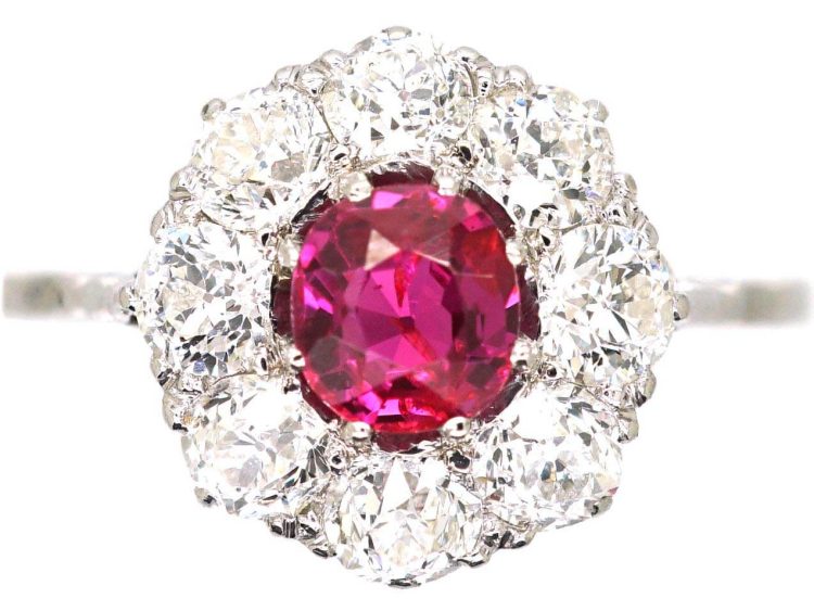 Early 20th Century Platinum Ruby & Diamond Cluster Ring