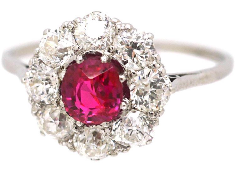 Early 20th Century Platinum Ruby & Diamond Cluster Ring