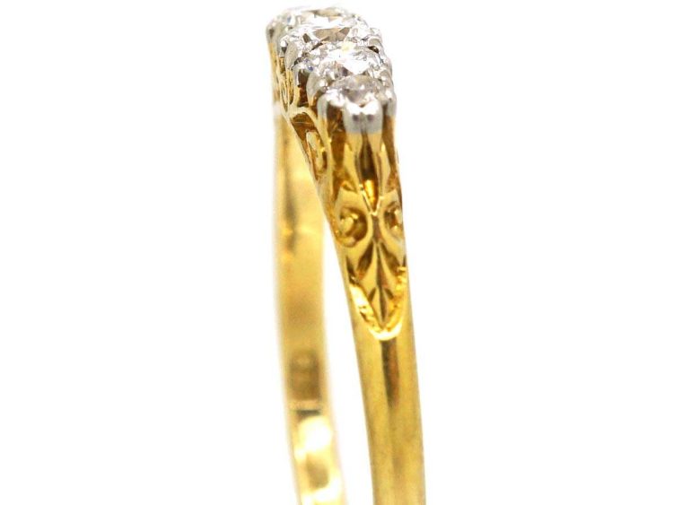 Edwardian 18ct Gold, Five Stone Diamond Carved Half Hoop Ring