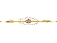 Edwardian 9ct Gold Brooch set with a Pink Tourmaline & Natural Split Pearls