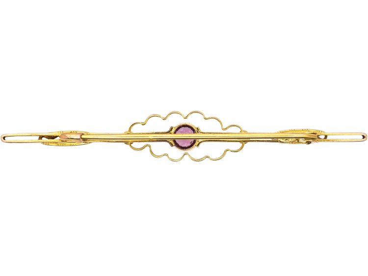Edwardian 9ct Gold Brooch set with a Pink Tourmaline & Natural Split Pearls