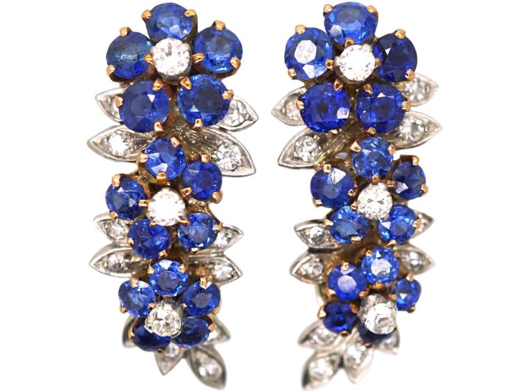 Mid 20th Century 18ct Gold, Sapphire & Diamond Triple Flower Earrings by Garrard