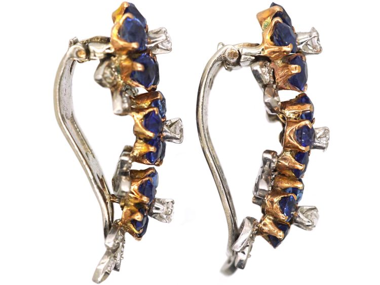 Mid 20th Century 18ct Gold, Sapphire & Diamond Triple Flower Earrings by Garrard