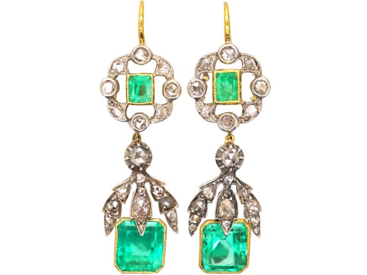 Early 20th Century French Import 18ct Gold & Platinum, Emerald & Diamond Drop Earrings in Original Case