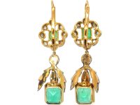 Early 20th Century French Import 18ct Gold & Platinum, Emerald & Diamond Drop Earrings in Original Case