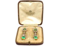 Early 20th Century French Import 18ct Gold & Platinum, Emerald & Diamond Drop Earrings in Original Case