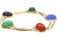 Art Deco 15ct Gold & Natural Pearl Scarab Hardstone Bracelet