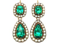 Georgian 9ct Gold, Green Paste & Natural Split Pearl Drop Earrings