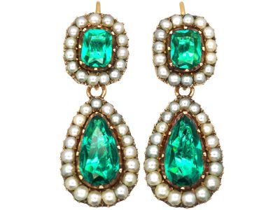 Georgian 9ct Gold, Green Paste & Natural Split Pearl Drop Earrings