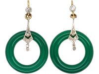 Art Deco 15ct Gold Drop Earrings set with Green Chalcedony & Diamonds