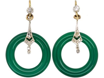Art Deco 15ct Gold Drop Earrings set with Green Chalcedony & Diamonds