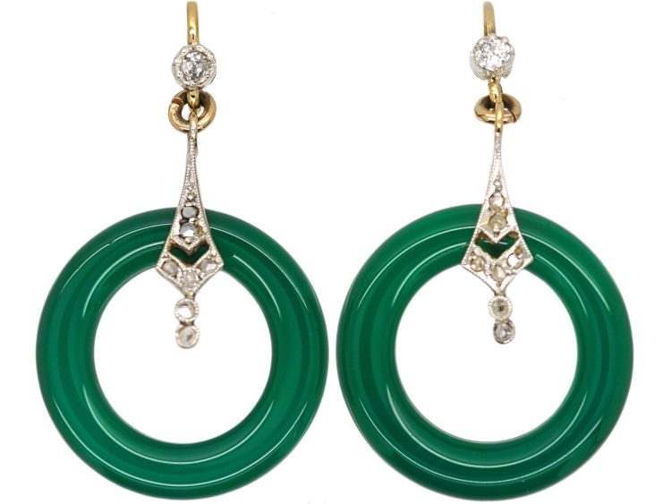 Art Deco 15ct Gold Drop Earrings set with Green Chalcedony & Diamonds
