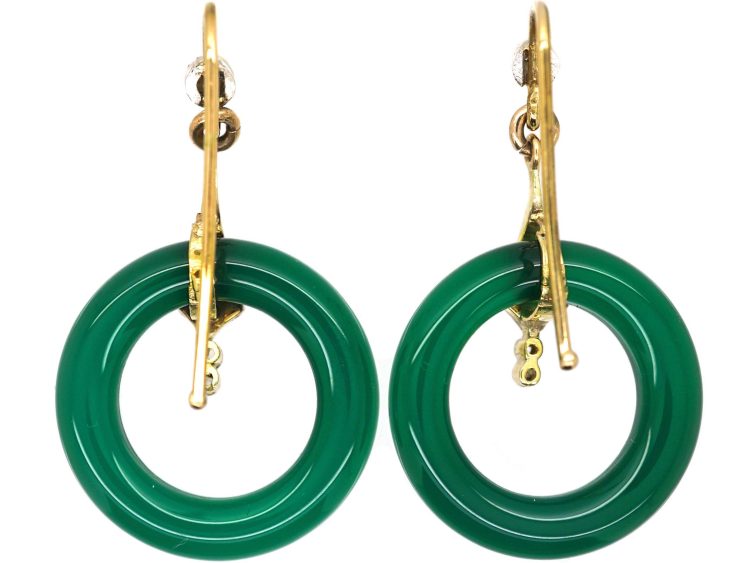 Art Deco 15ct Gold Drop Earrings set with Green Chalcedony & Diamonds